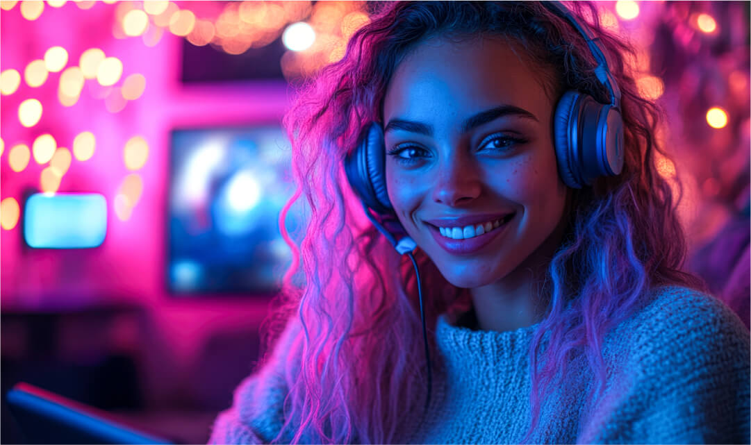 Woman looking at her smartphone with futuristic lines tracing her face.