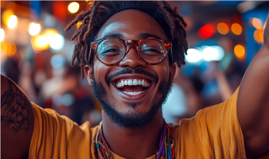 Man and woman dating on Couple's platform with other potential matches on either side.