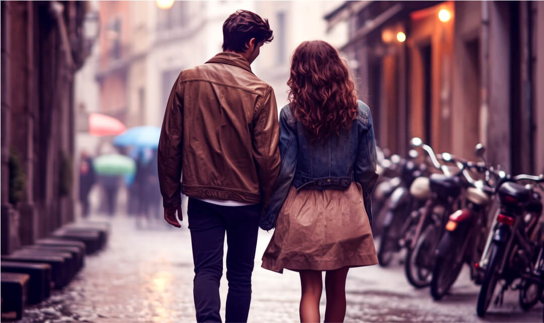 Man and woman holding hands while walking down a city street.