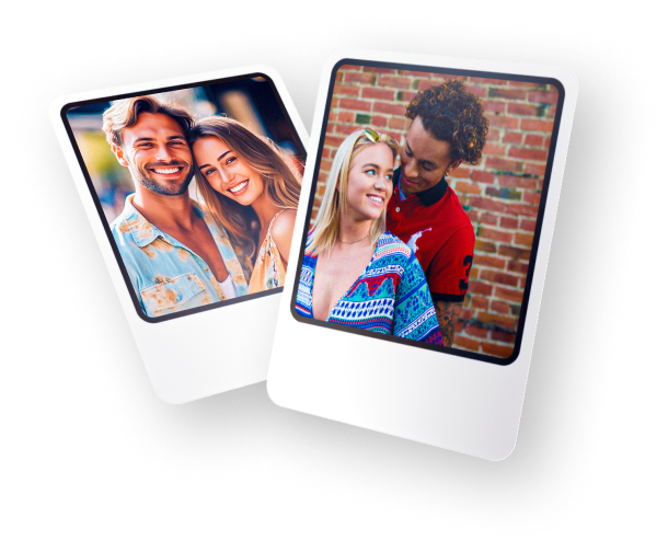 Woman hugging man from behind wearing hat and sunglasses, and an attractive young couple posing for the camera.